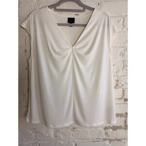 Worthington White Blouse L Twist Front V Neck Cap Sleeve Office Chic Top